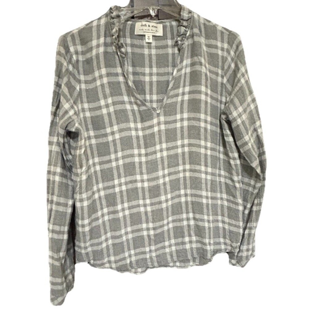 Anthropologie Cloth & Stone Medium Gray Shimmer Plaid Light Flannel Pullover Top